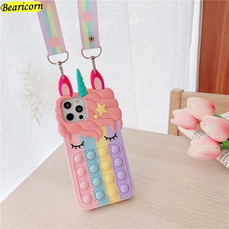 Pop Fidget Toys Bubble Case For iPhone 11 12 13 Pro X Xs Max XR 6 6s 7 8 Plus 5 5s SE Mini Cartoon Unicorn Soft Silicone Cover