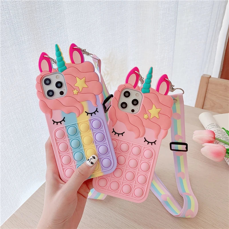 Pop Fidget Toys Bubble Case For iPhone 11 12 13 Pro X Xs Max XR 6 6s 7 8 Plus 5 5s SE Mini Cartoon Unicorn Soft Silicone Cover