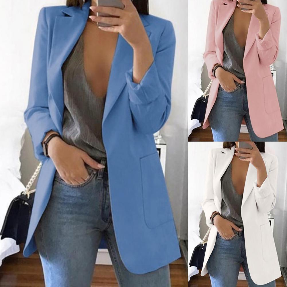 Summer Women Blazer Jacket Office Lady Slim Suit Overcoat Solid Color Long Blazer