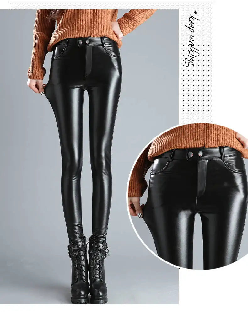 Autumn Winter women leather pants High elastic shiny trousers slim female pencil leather pants women