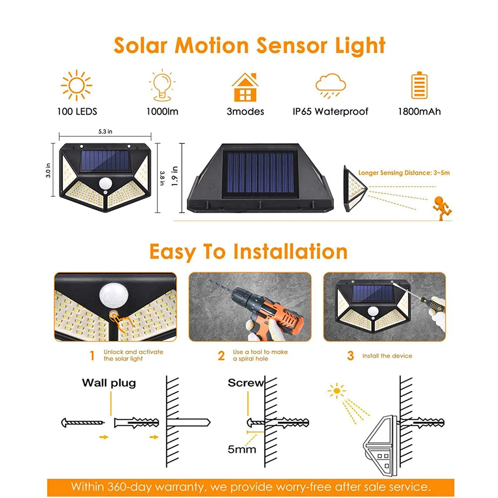 1/2/4/8/10PCS 100 LED Solar Power Wall Light Motion Sensor Waterproof Outdoor Garden Lamp