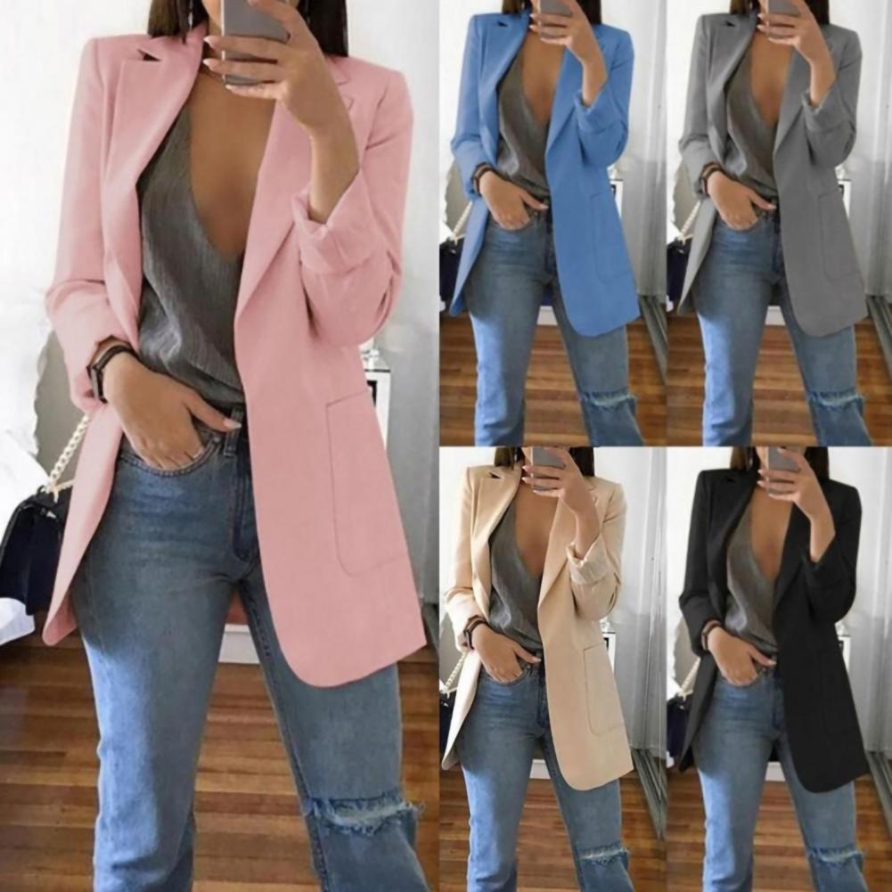 Summer Women Blazer Jacket Office Lady Slim Suit Overcoat Solid Color Long Blazer