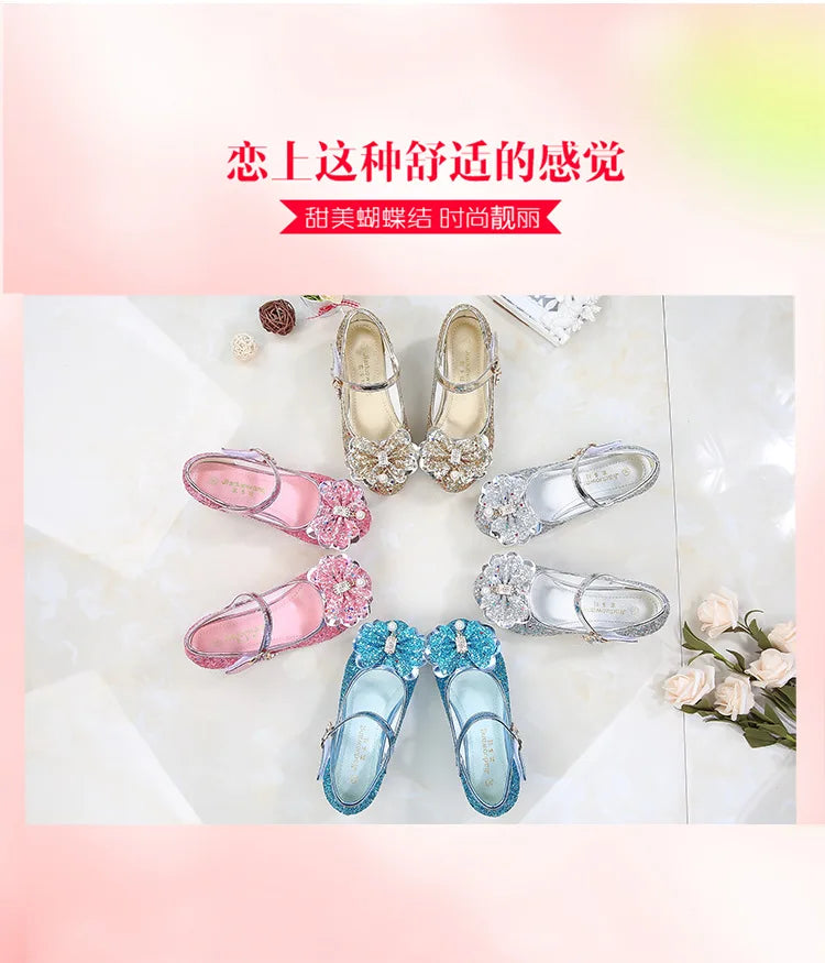 Princess Butterfly Leather Shoes Kids Diamond Bowknot High Heel