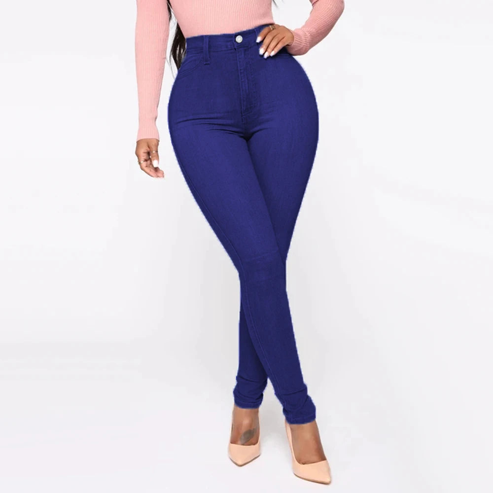 High Waist Women's Jeans Pants Stretch Skinny Denim Pants Blue Retro Elastic Slim Pencil Trousers