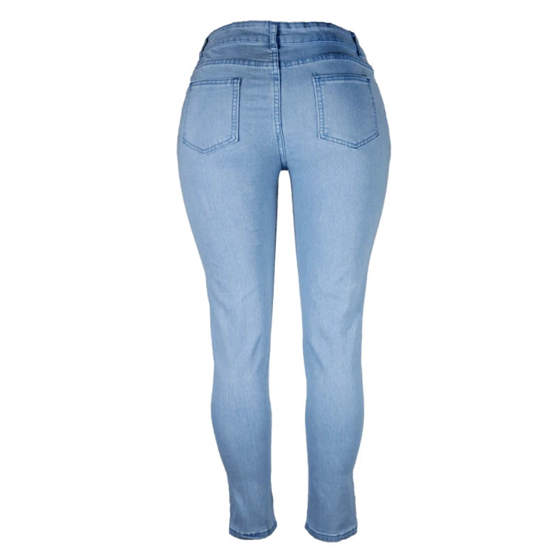 High Waist Women's Jeans Pants Stretch Skinny Denim Pants Blue Retro Elastic Slim Pencil Trousers