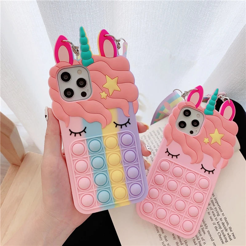 Pop Fidget Toys Bubble Case For iPhone 11 12 13 Pro X Xs Max XR 6 6s 7 8 Plus 5 5s SE Mini Cartoon Unicorn Soft Silicone Cover