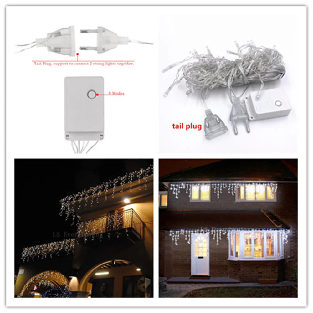 Christmas String Lights 5M LED Curtain Icicle Garland String Lights Droop 0.4-0.6m Decoration for Eaves Garden Street Outdoor