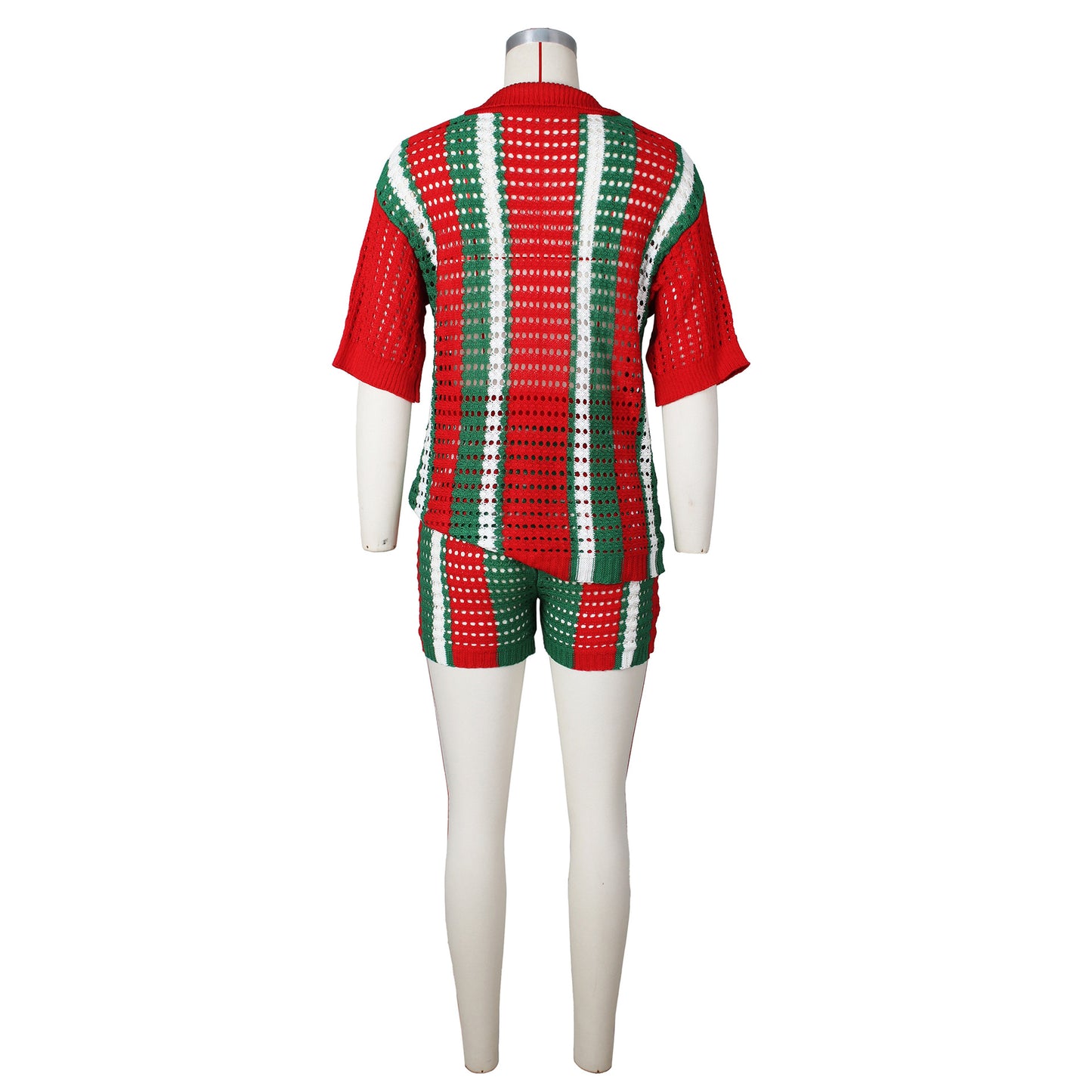 Knit Ribbed Crochet Patchwork Women's Set Short Sleeve Shirt Sweater & Shorts Suit