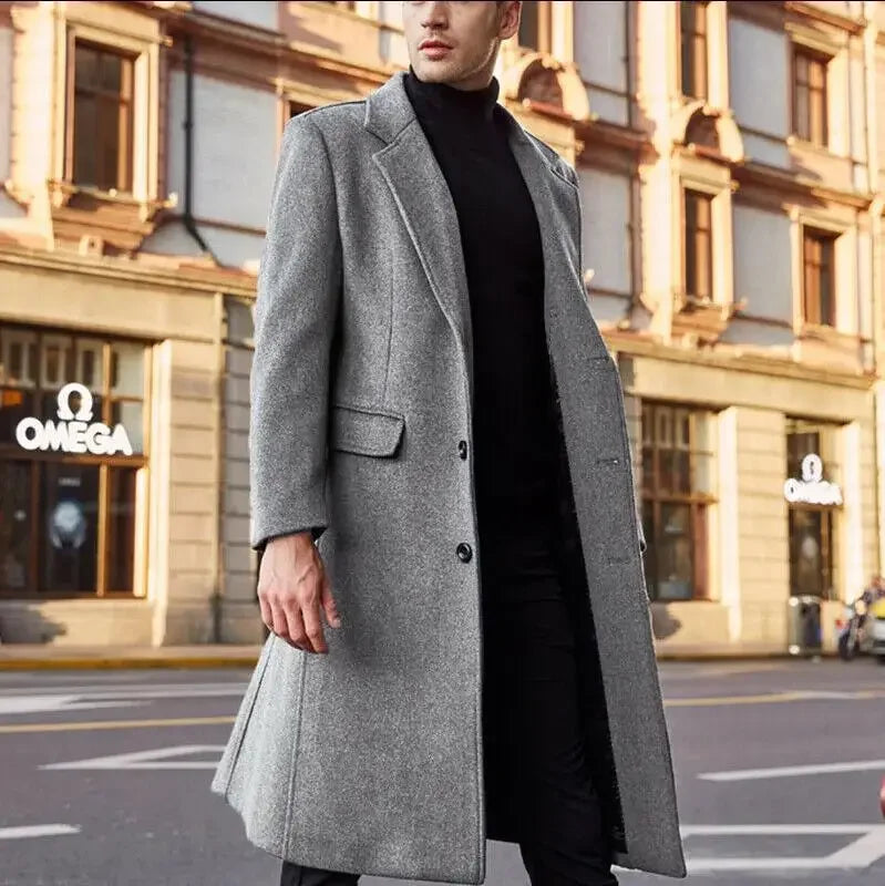 Autumn and Winter Casual Men's Clothing, British Style Woolen Overcoat, Korean Style Solid Color Long Windbreaker