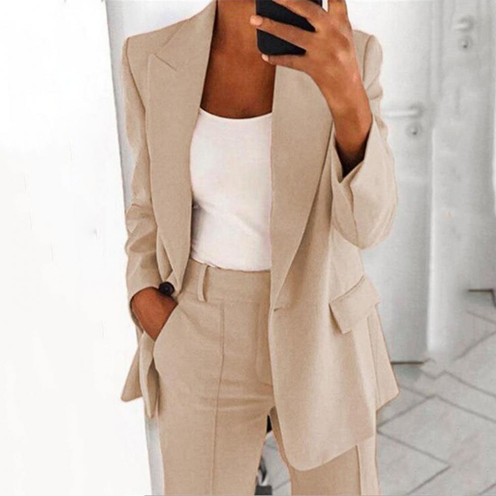 ElWomen Suit Jacket Solid Color Turndown Collar Long Sleeve Buttons Blazer Outerwear