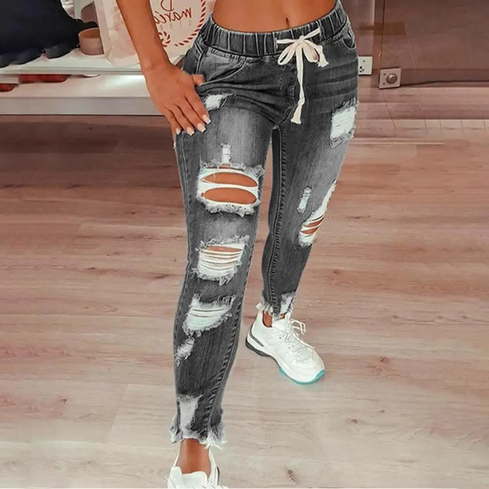 Pencil Jeans Streetwear Women Jeans Elastic Waist Denim Pants