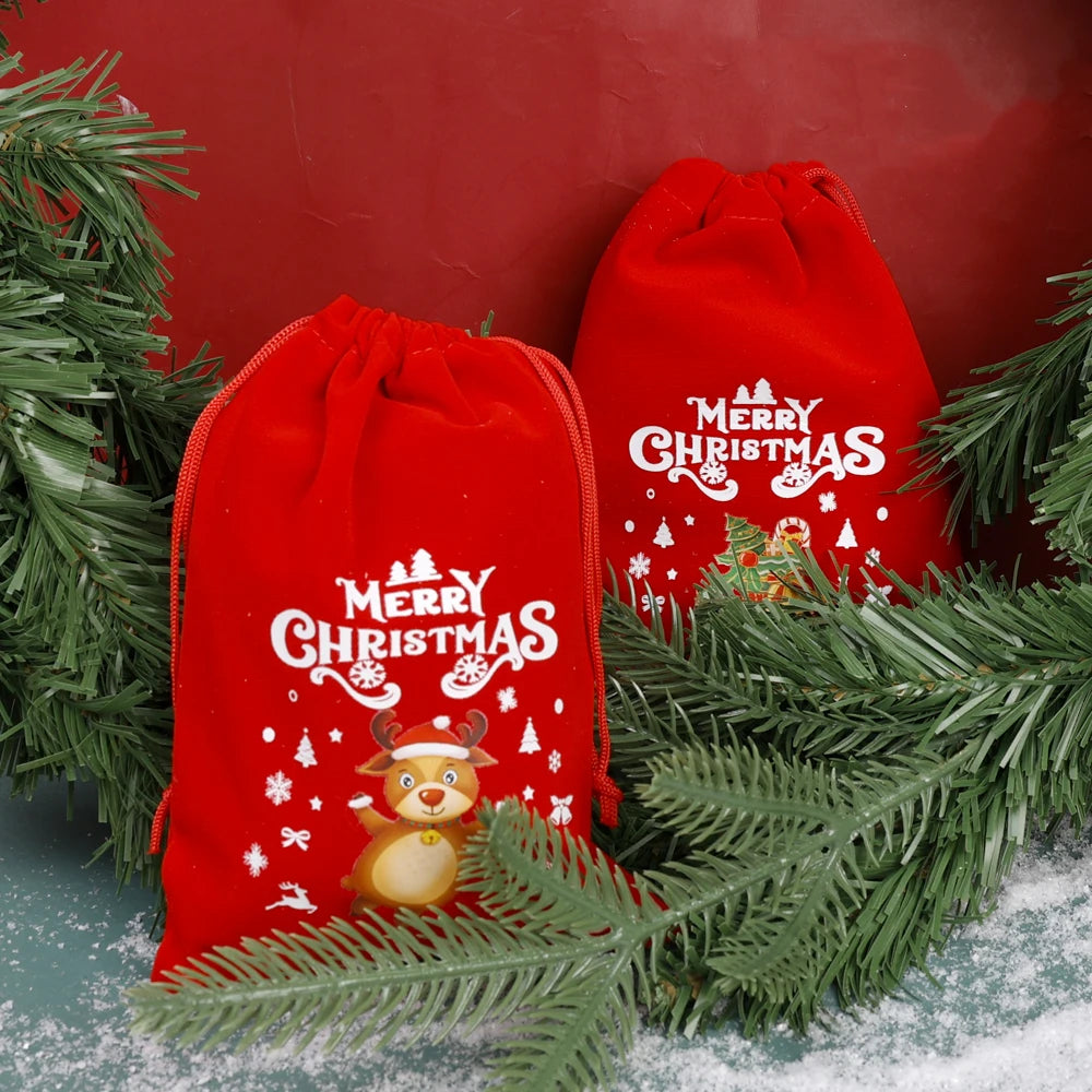 10/1Pcs Red Christmas Velvet Bags Drawstring Santa Gift Pouch Candy Snack Wrapping Bag Christmas Wedding Party Favors Decoration