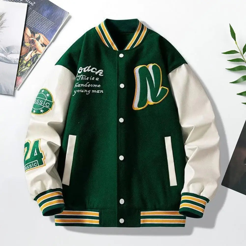 Men Baseball Jacket Men's Stand Collar Striped Letter Pattern Cardigan Baseball Coat