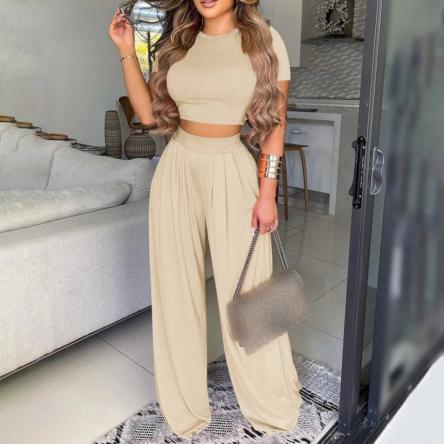 Elegant Summer Solid Casual Fitness Tracksuit Set Outfits Short Sleeve Crop Tops Trouser Flare Pants 2 Two Piece Set