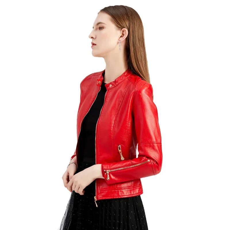 Leather Women Coat Full Sleeve Round Neck Slim Fit Solid Sexy Regular Jackets Zipper Casual Jacket