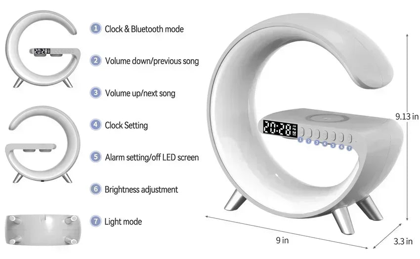 Wireless Charger Pad Stand Bluetooth Speaker LED RGB Night Lights Lamp Alarm Clock Fast Charging Station Dock for iPhone Samsung