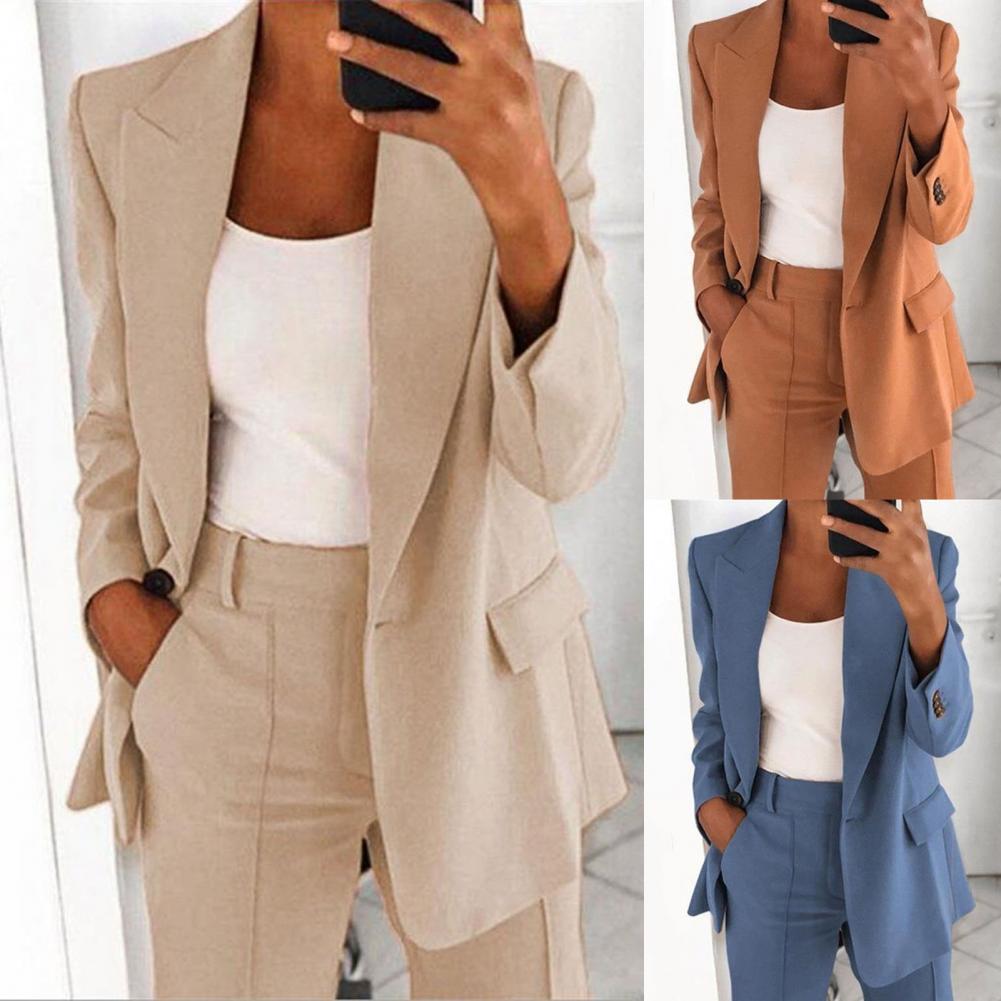 ElWomen Suit Jacket Solid Color Turndown Collar Long Sleeve Buttons Blazer Outerwear