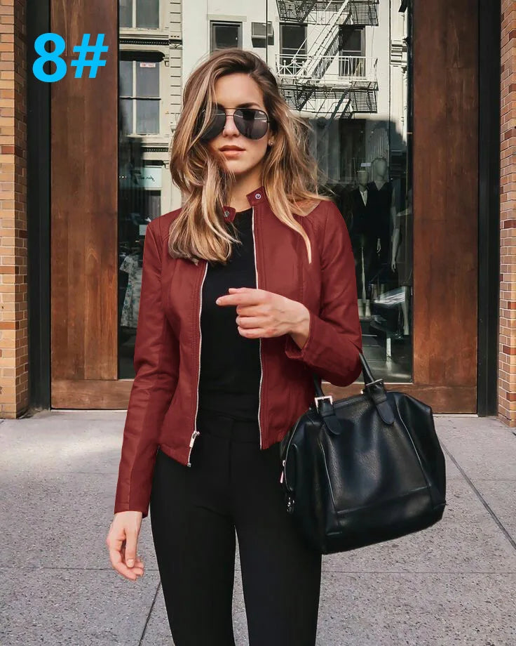 Chic Lady Slim Fit Faux Leather Jacket Women Classic Moto Biker PU Leather Jacket Spring Autumn Basic Zipper Coat Outerwear S-XXL