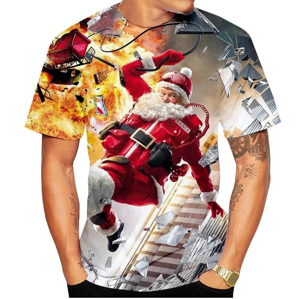 Men's Christmas Elf Santa Claus Printed T-shirt Fashion Trend Round Neck Loose Street Party Men's Round