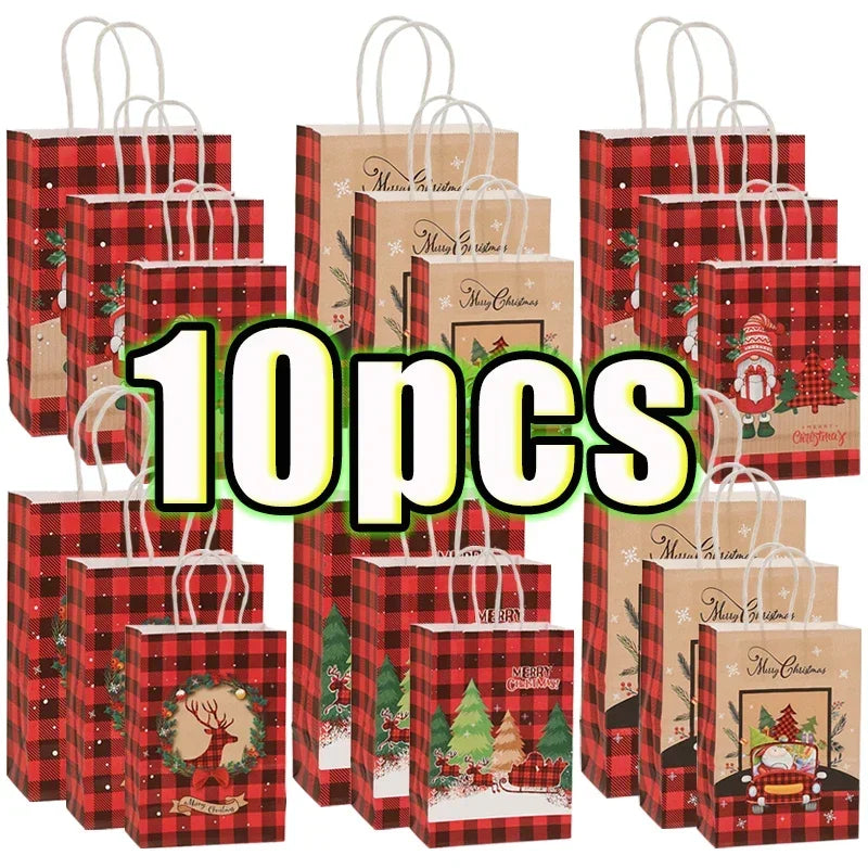 Christmas Kraft Paper Retro Grid Handheld Bag Santa Claus Gifts Box Party