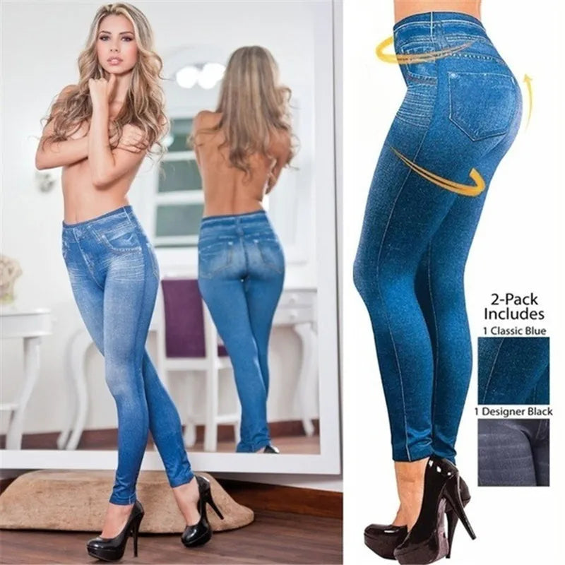 New Vintage Elastic Imitation Denim Leggings for Women's High Waist Slim Fit Hip Leggings Women's