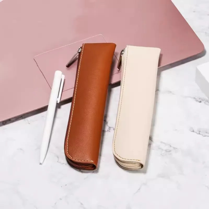 Simple Zipper Pen Holder PU Leather Pencil Bag Fountain Pen Storage Pouch Portable Pen Sleeve Case School Office Supplies