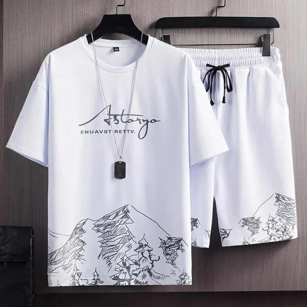 T-shirt Shorts Sportswear Suit Mountain Print Loose T-shirt And Shorts Casual Outfit Summer Men Sports Tracksuit Streetwear