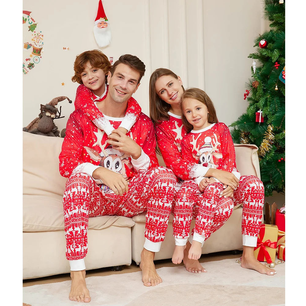 Xmas Pajamas for the Family Set Red Cartoon Elk Print Sleepwear