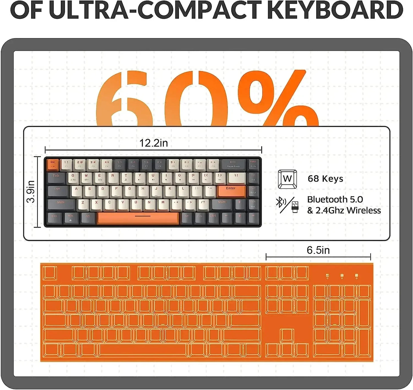 Mechanical Keyboard 60% Wireless Bluetooth Dual Mode Hot-Swappable Mini 68-Key Red