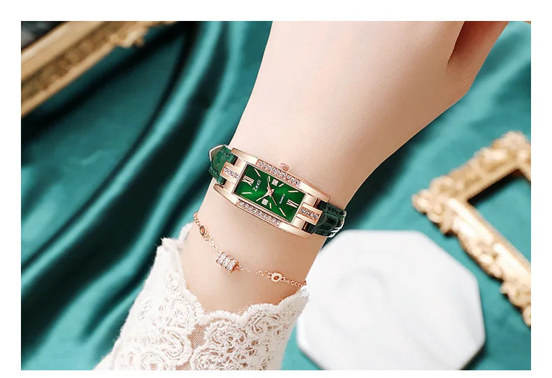 Women Fashion Quartz Watch Bracelet Set Green Dial Luxury Women Watches Simple Rose Gold Mesh Ladies Watch