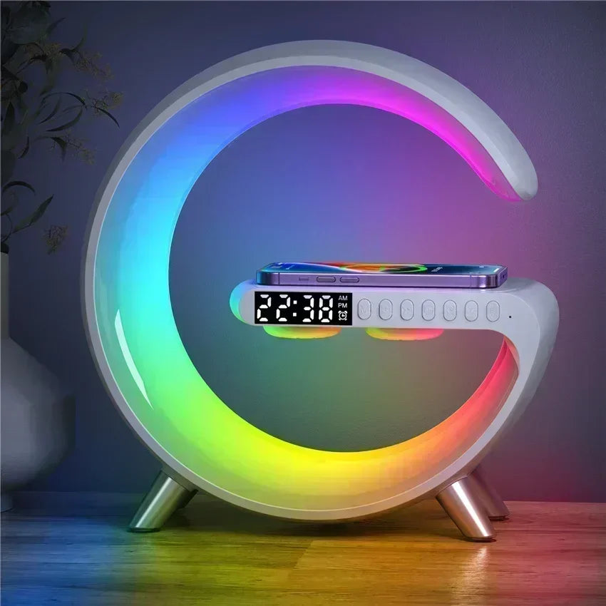 Wireless Charger Pad Stand Bluetooth Speaker LED RGB Night Lights Lamp Alarm Clock Fast Charging Station Dock for iPhone Samsung