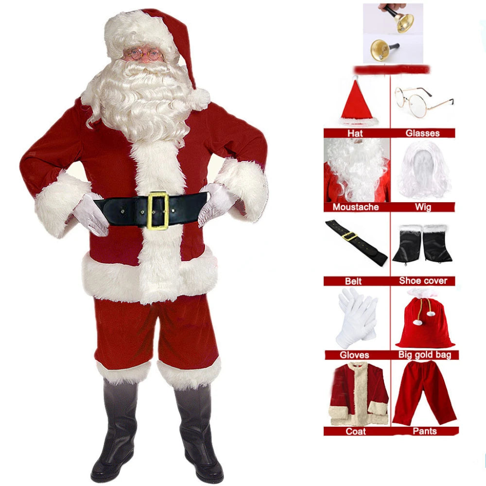 Santa Claus Costume Christmas New Year Men Costumes Red Deluxe Classic Adults Xmas Set Carnival Party