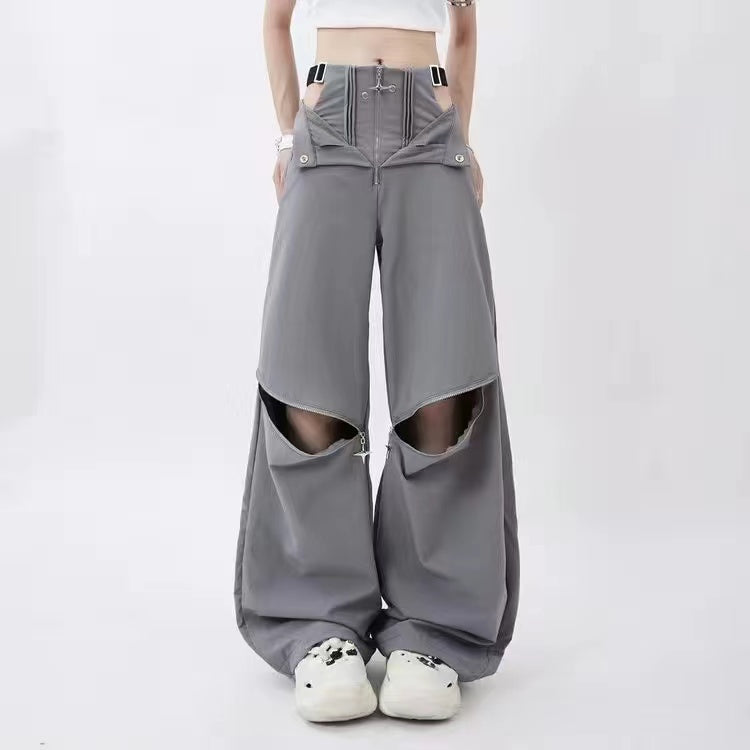 Grey Cargo pants female summer casual original retro multi zip pocket two wear design drawstring casual oversized trousers women