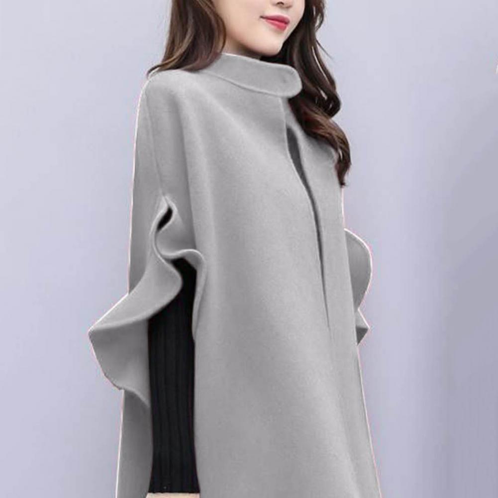 Women Winter Coat Solid Color Formal Elegant Big Hem Midi Length Long Sleeves Cardigan Stand Collar Lady Cloak Coat for Dating