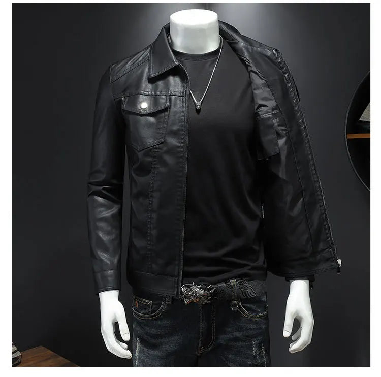 Men's Motorcycle Leather Jacket Large Size Pocket Black Zipper Lapel Korean Slim Fit Male High Quality PU Leather Coat for Men