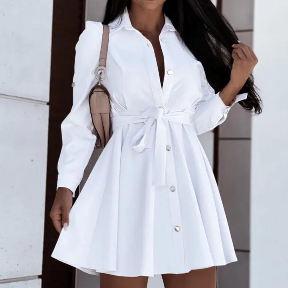 Elegant White Mini Shirt Dress Woman Autumn Long Sleeve Office Ladies Dresses Belt Casual Black Button Lace Up A-line Robe Femme