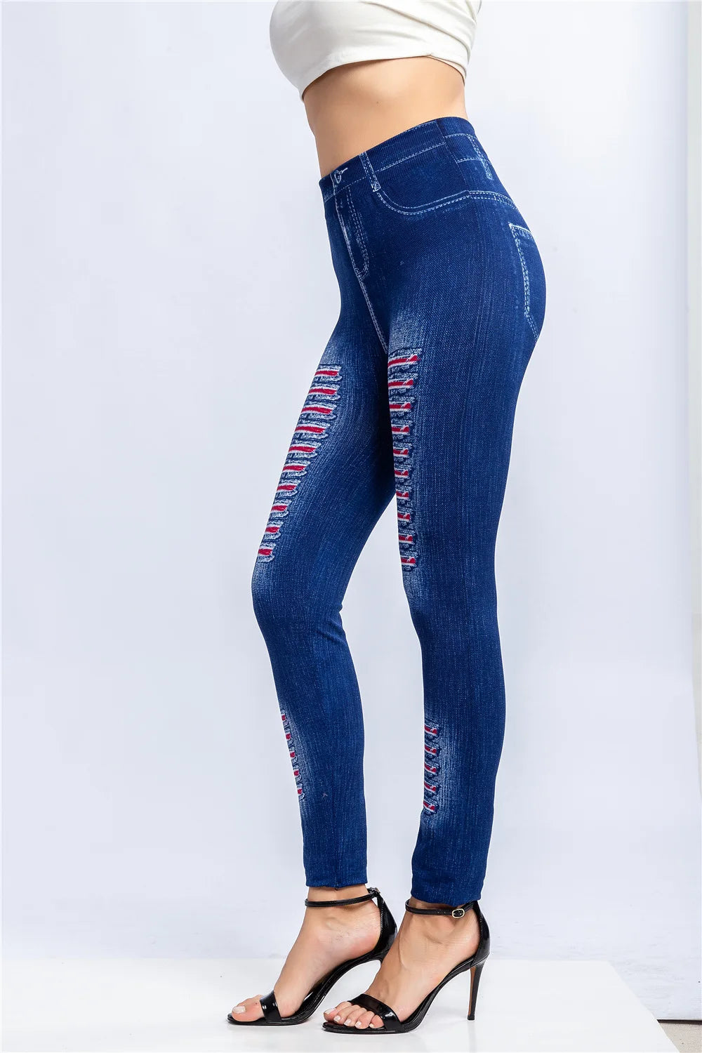 Fashion Stripe Printed Imitation Denim Leggings for Women's Elastic Slim Denim Trousers