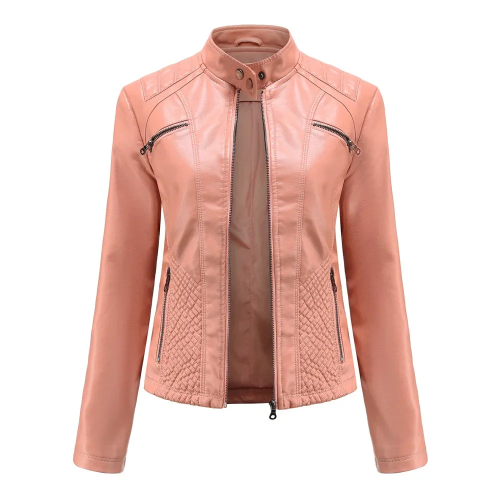 Women's Coat Fashion Trend Simple Analog Collar Zipper PU Leather Motorcycle Jacket for Women