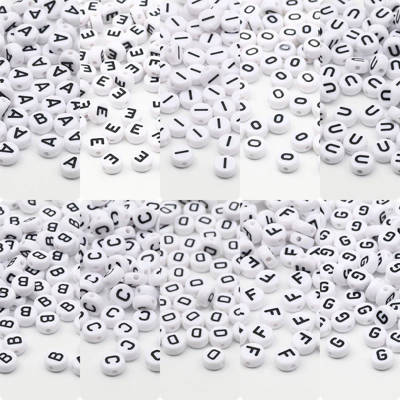 50/100/200pcs 7mm White Vowel Alphabet Letter Beads Flat Round Spacer Acrylic Beads For Jewelry Making Diy Bracelet Accessories