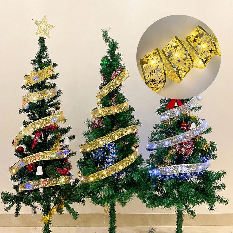 Christmas Decoration LED Ribbon Fairy Lights Christmas Tree Ornaments for Home 2023 DIY Bows Light String Navidad New Year 2024