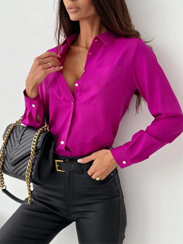 Fashion Long Sleeve Shirt Blouse Women Office Elegant Button Pocket Top Casual