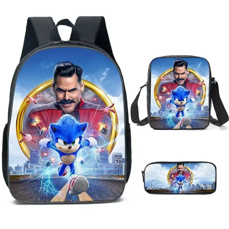 3PC-SET Sonic Backpack Primary and Middle School Students Schoolbag Boys Girls Anime Cartoon School Bag Mochila Zipper Shoulders