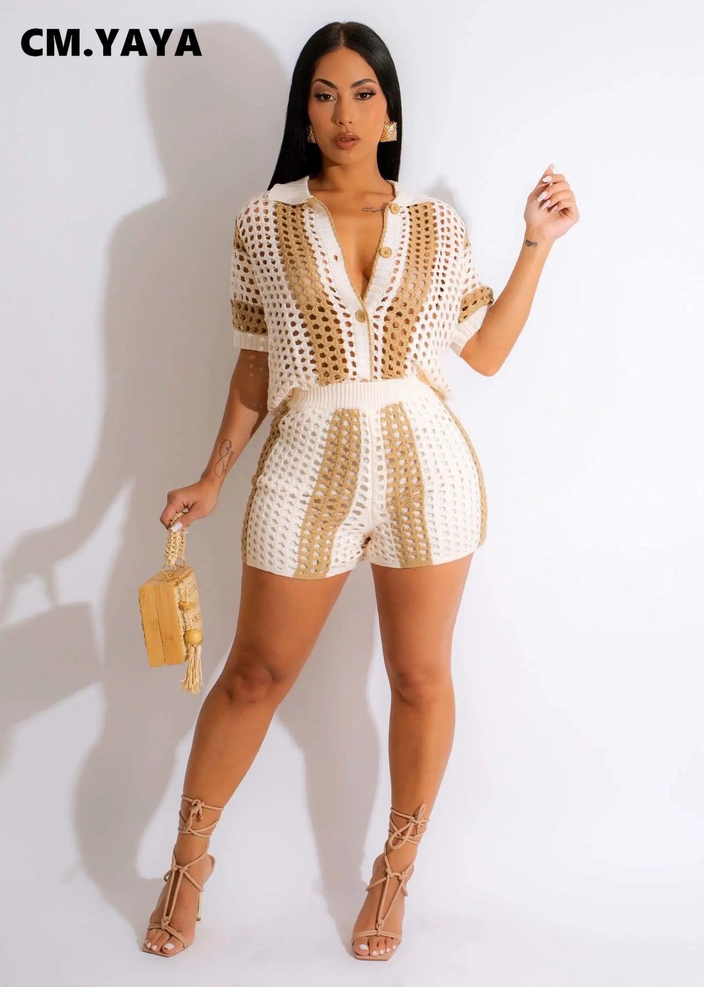 Knit Ribbed Crochet Patchwork Women's Set Short Sleeve Shirt Sweater & Shorts Suit