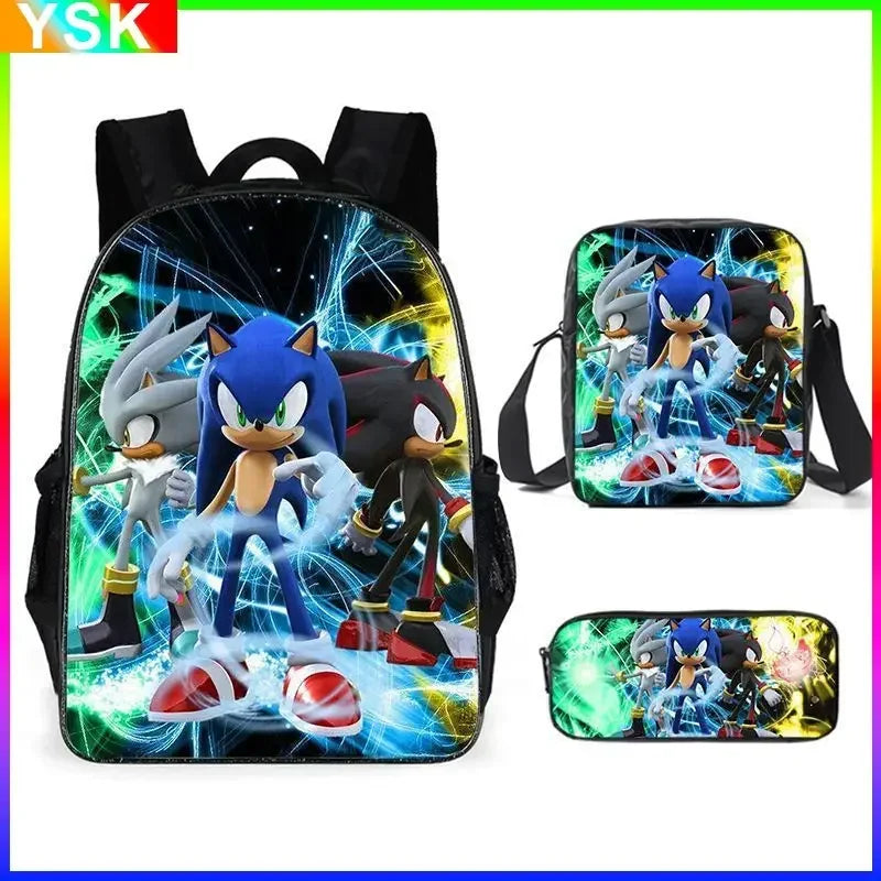 3PC-SET Sonic Backpack Primary and Middle School Students Schoolbag Boys Girls Anime Cartoon School Bag Mochila Zipper Shoulders