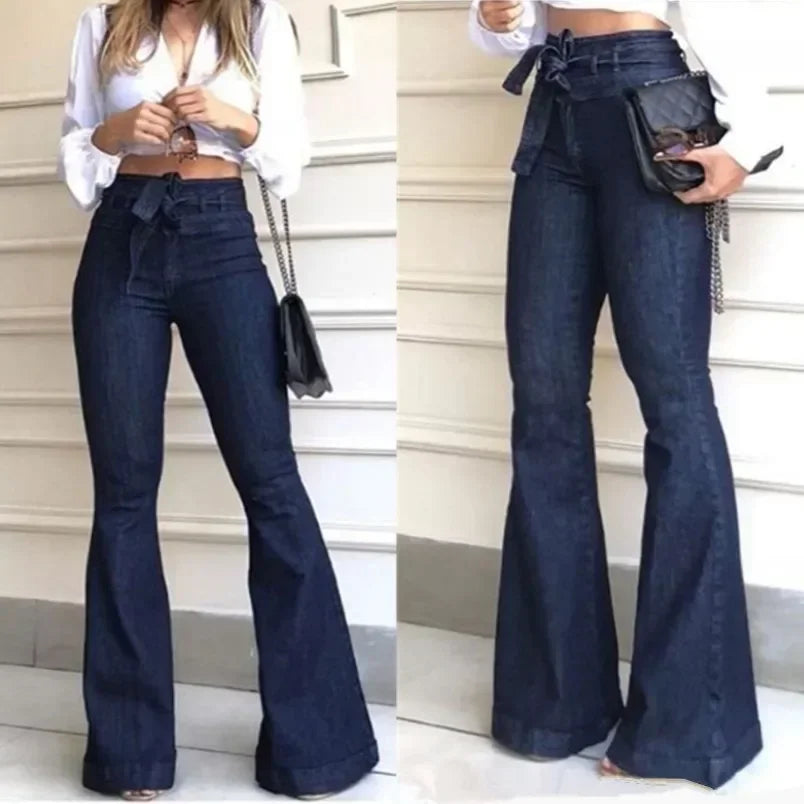 High Waist Flare Pants for Women's Zipper Fly Flat Pockets Streetwear Slim Patchwork Button Slight Strech Belt