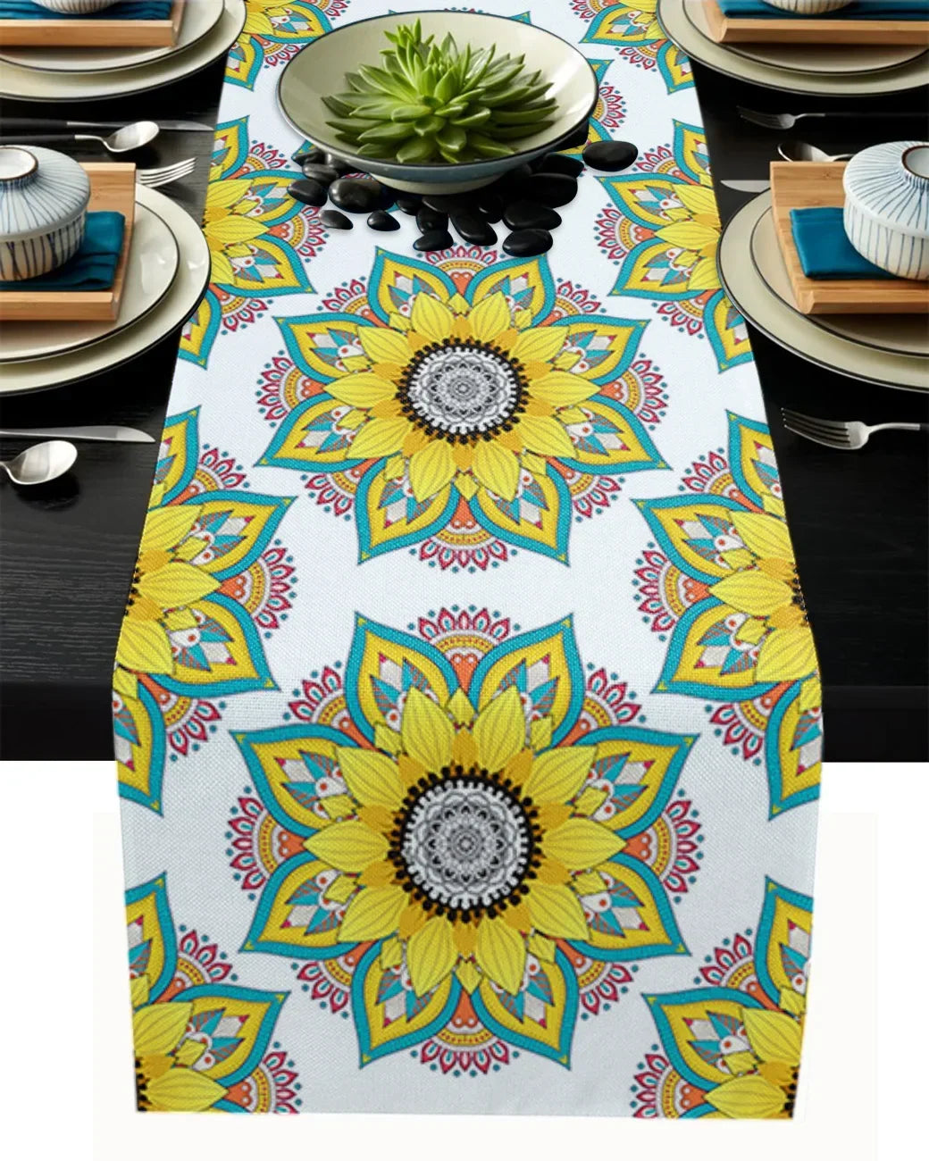 Boho Decor Mandala Flowers Texture Linen Table Runners for Dining Table Wedding Decor Home Party Decor Table Runners