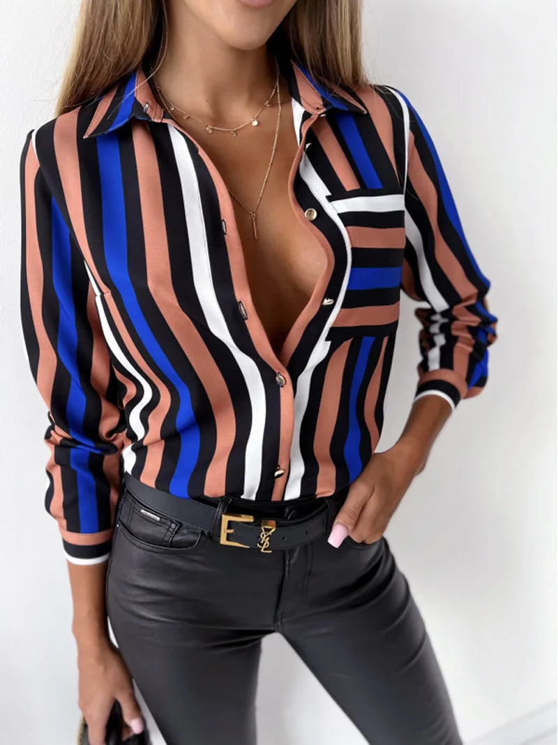 Casual Button Lapel Blouses Shirts for Women's Long Sleeve Loose Tops blouses