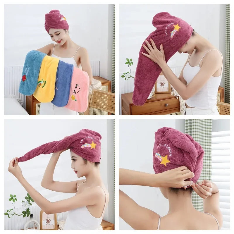 Dry hair cap absorbent coral fleece padded double-layer hair care shower cap cute embroidery hair towel household necessities.