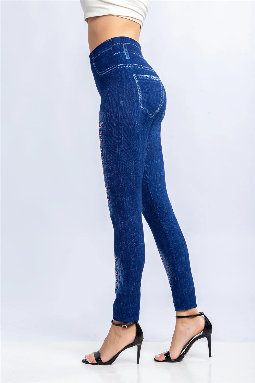 Fashion Stripe Printed Imitation Denim Leggings for Women's Elastic Slim Denim Trousers