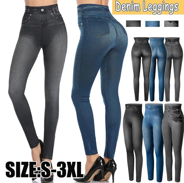 New Vintage Elastic Imitation Denim Leggings for Women's High Waist Slim Fit Hip Leggings Women's